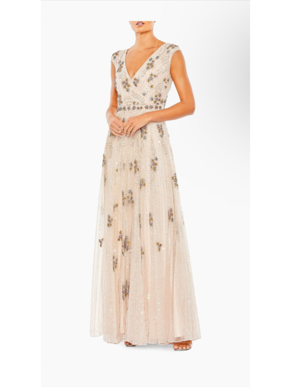 Women's Mac Duggal Bead-Embellished A-Line Maxi Dress in Beige and Gold